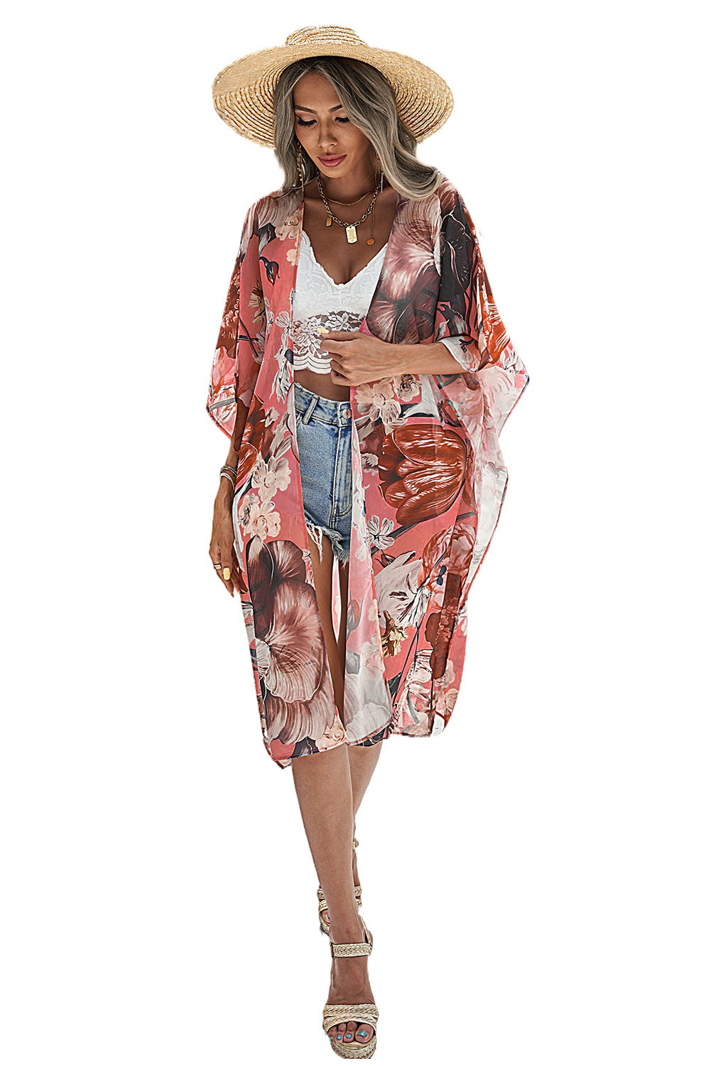 Pink Boho Floral Print Beach Cover up Kimono