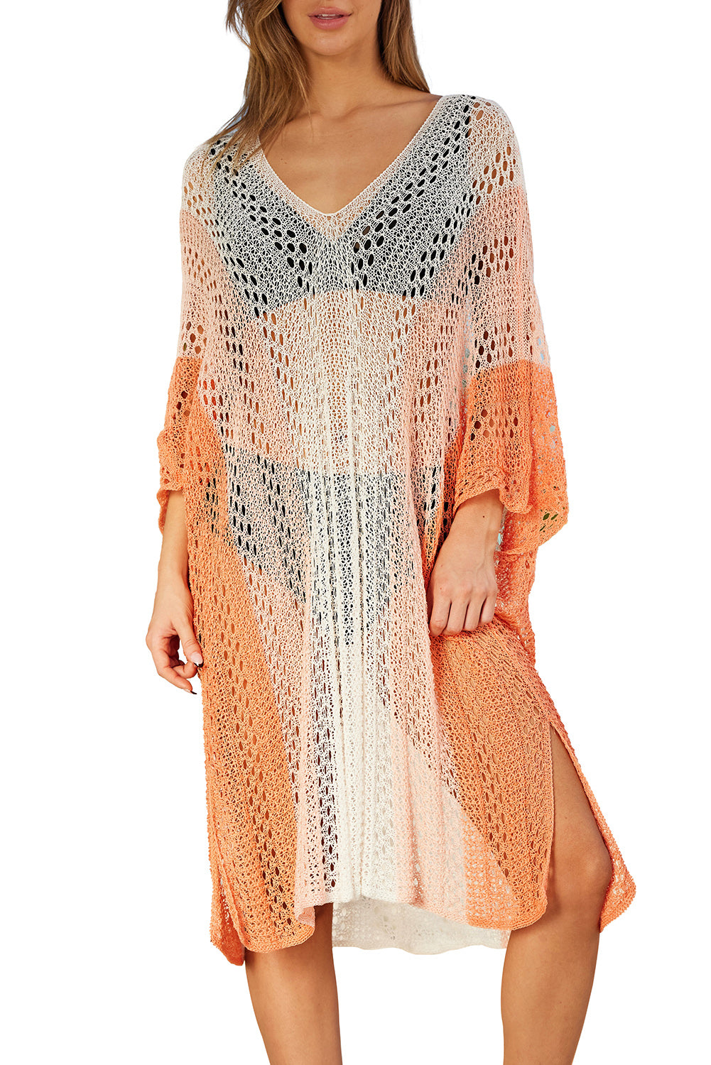 Orange Colorblock Hollow Out Batwing Sleeve Cover Up Beach Dress