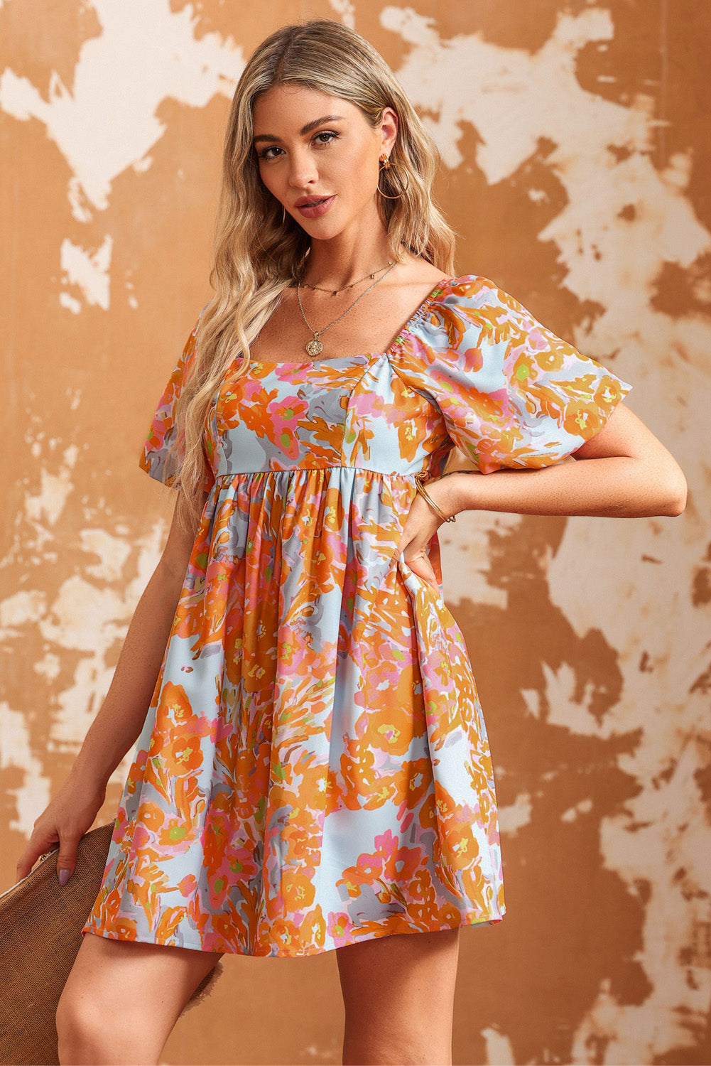 Orange High Waist Square Neck Puff Sleeve Floral Dress