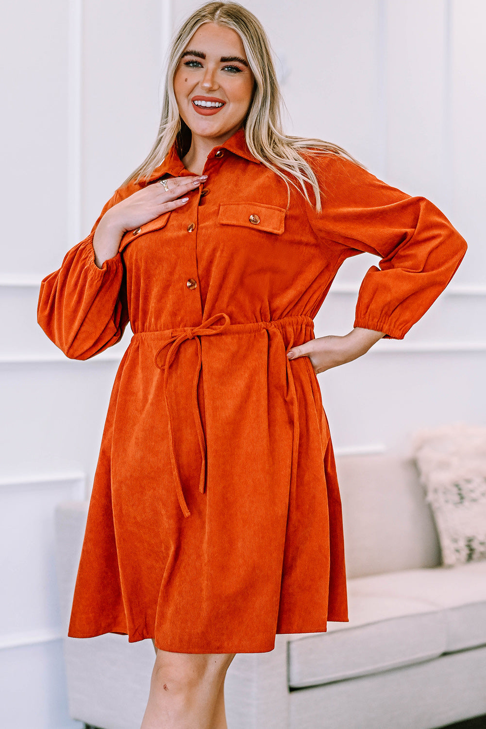 Orange Plus Size High Waist Corduroy Dress