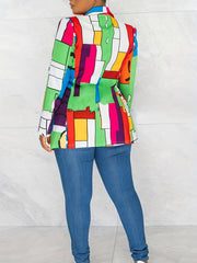 Plus Size Casual Coat, Women's Plus Colorful Abstract Print Long Sleeve Lapel Collar Suit