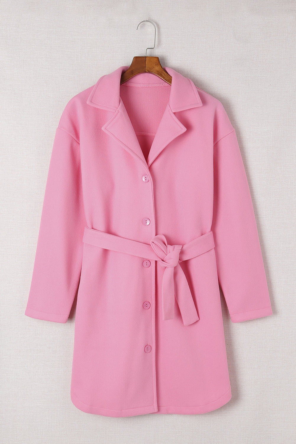 Pink Solid Color Buttoned Coat with Tie