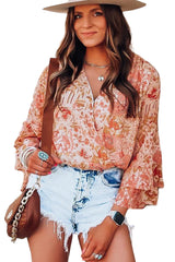 Orange Floral Print Ruffled Bell Sleeve V Neck Bodysuit