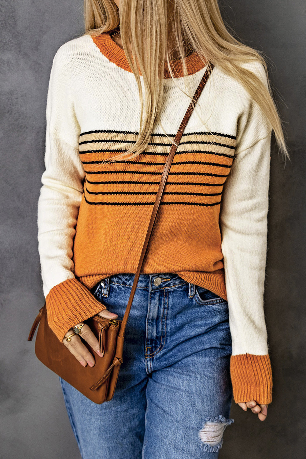 Orange Colorblock Striped Crew Neck Sweater