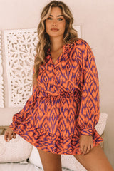 Orange Aztec Bubble Sleeve High Waist Romper