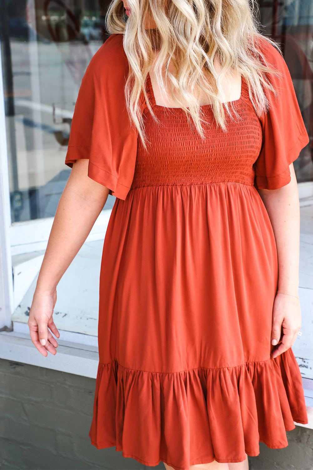 Orange Smocked High Waist Pocketed Ruffle Mini Dress