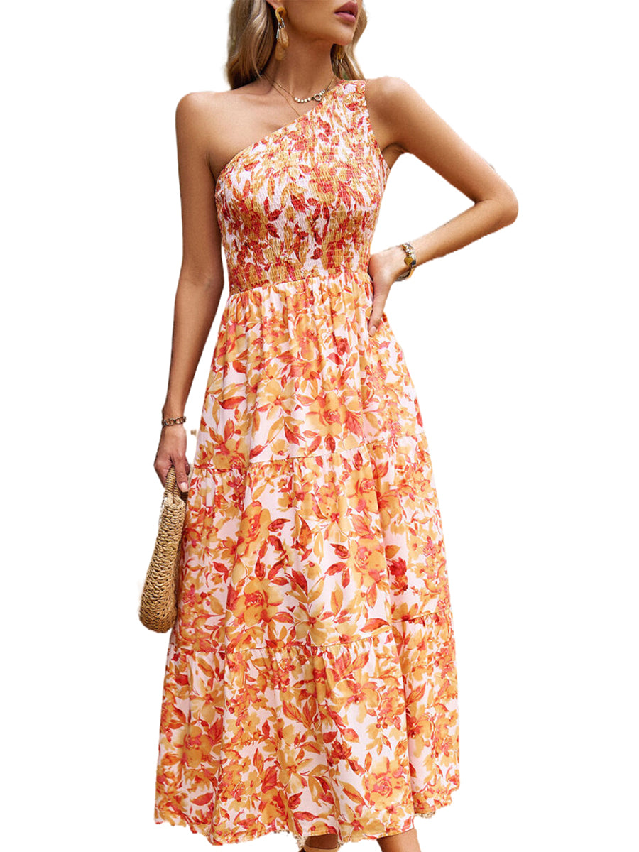 Elegant Slanted Shoulder Print Midi Dress