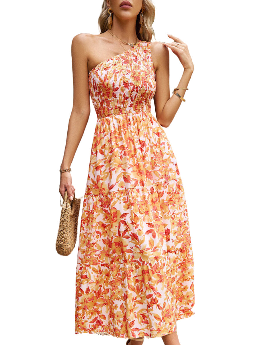 Elegant Slanted Shoulder Print Midi Dress