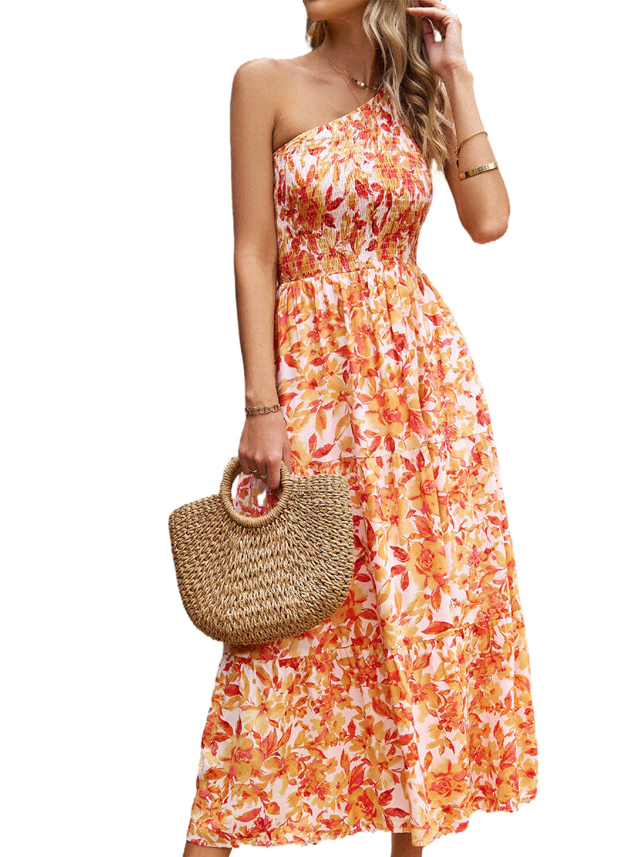 Elegant Slanted Shoulder Print Midi Dress