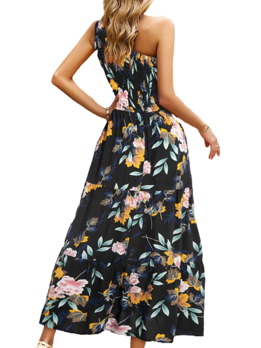 Elegant Slanted Shoulder Print Midi Dress