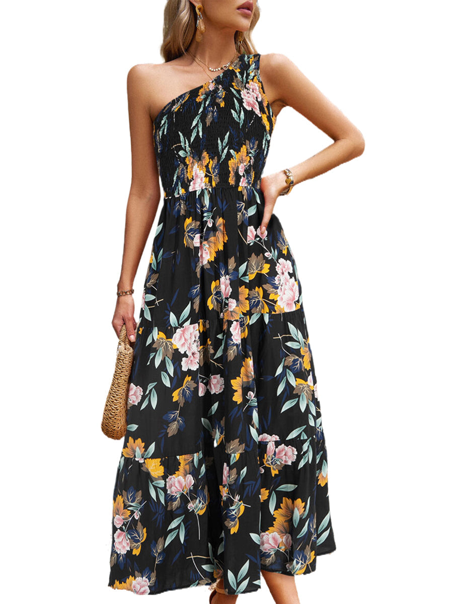 Elegant Slanted Shoulder Print Midi Dress