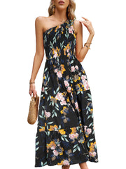 Elegant Slanted Shoulder Print Midi Dress