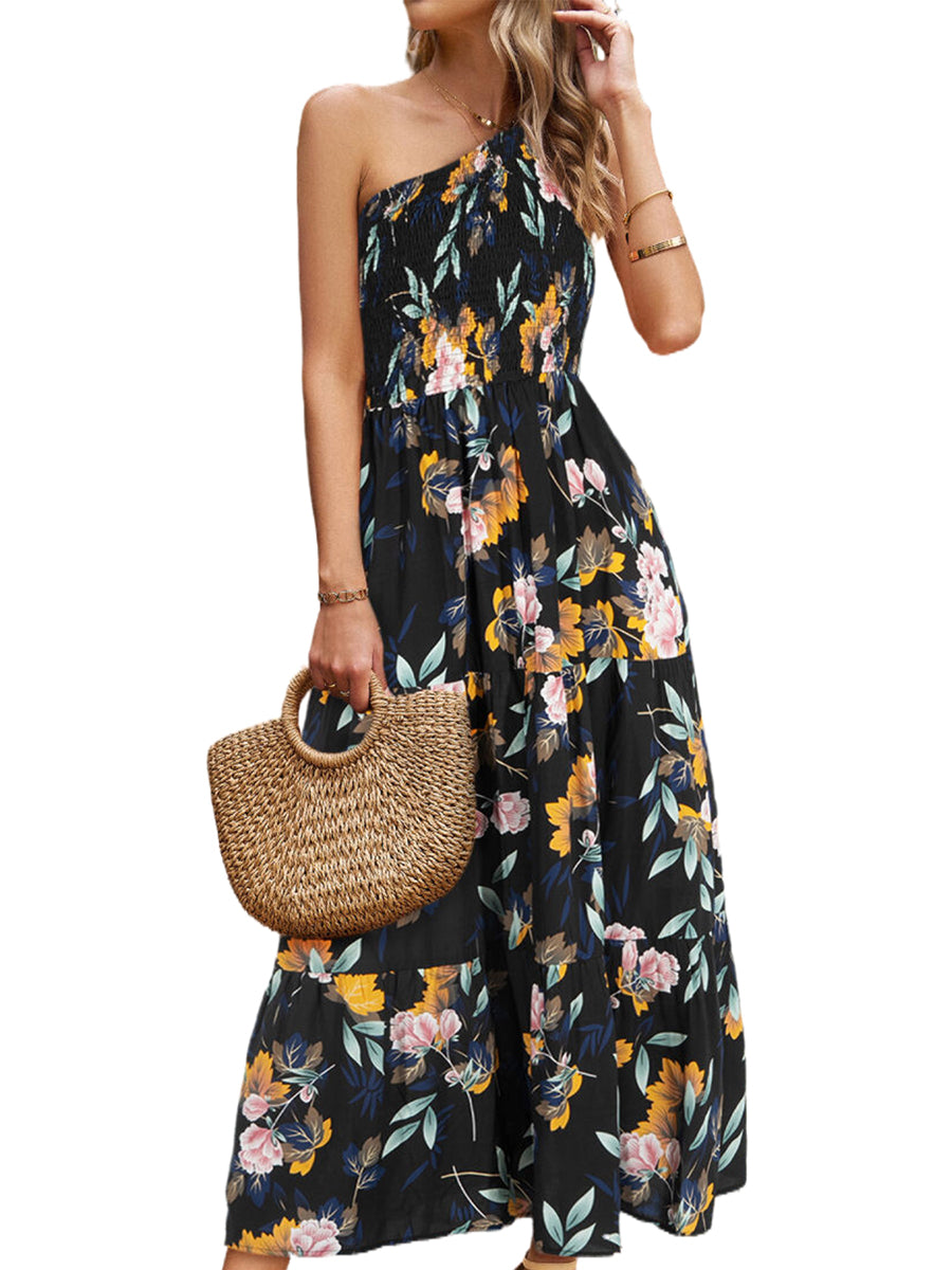 Elegant Slanted Shoulder Print Midi Dress