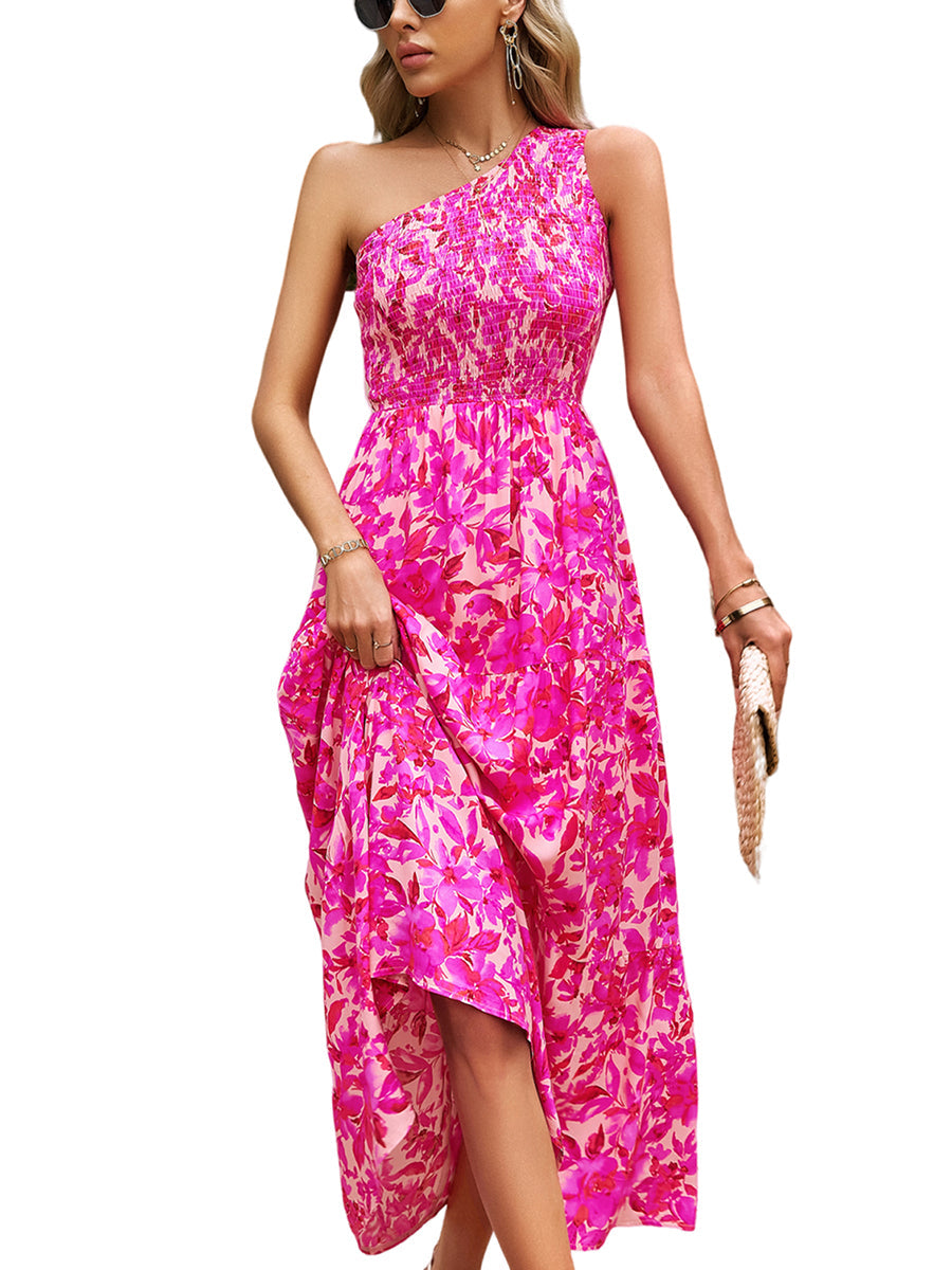 Elegant Slanted Shoulder Print Midi Dress