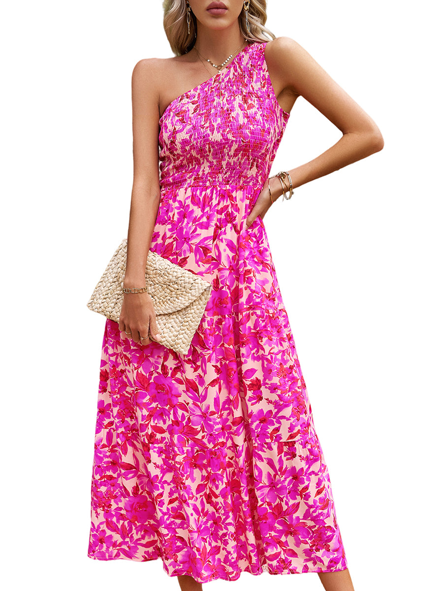 Elegant Slanted Shoulder Print Midi Dress