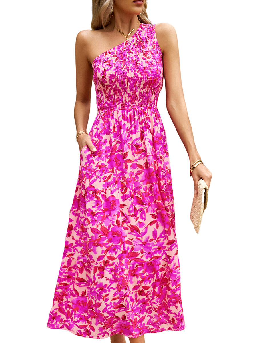 Elegant Slanted Shoulder Print Midi Dress