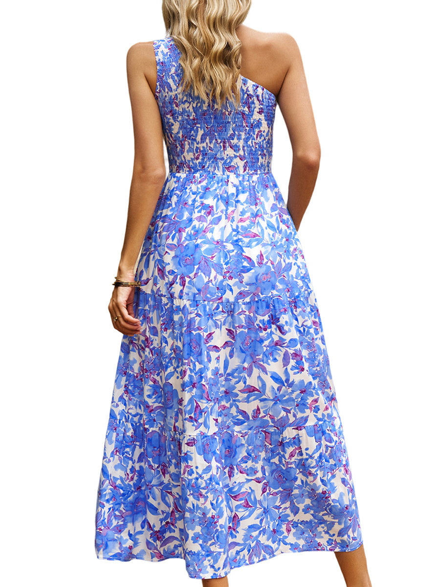 Elegant Slanted Shoulder Print Midi Dress