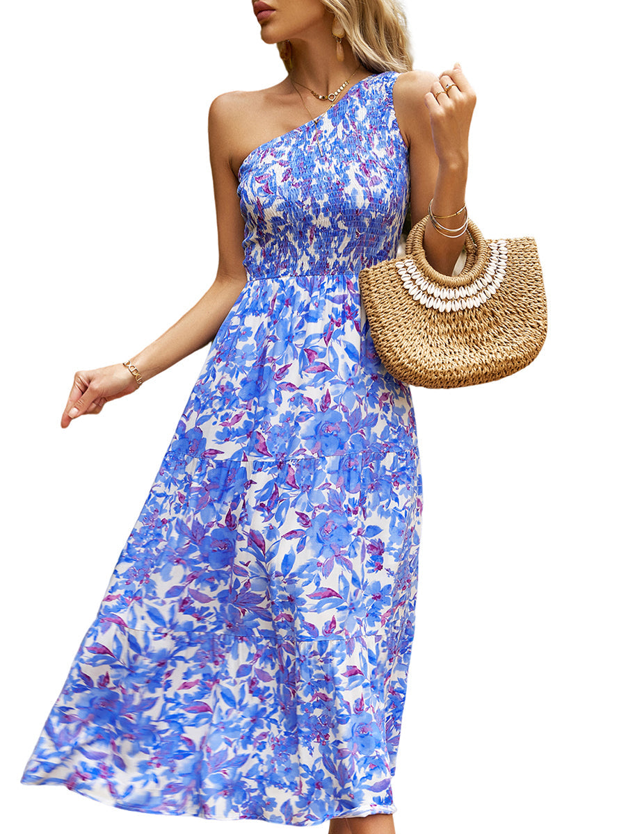 Elegant Slanted Shoulder Print Midi Dress