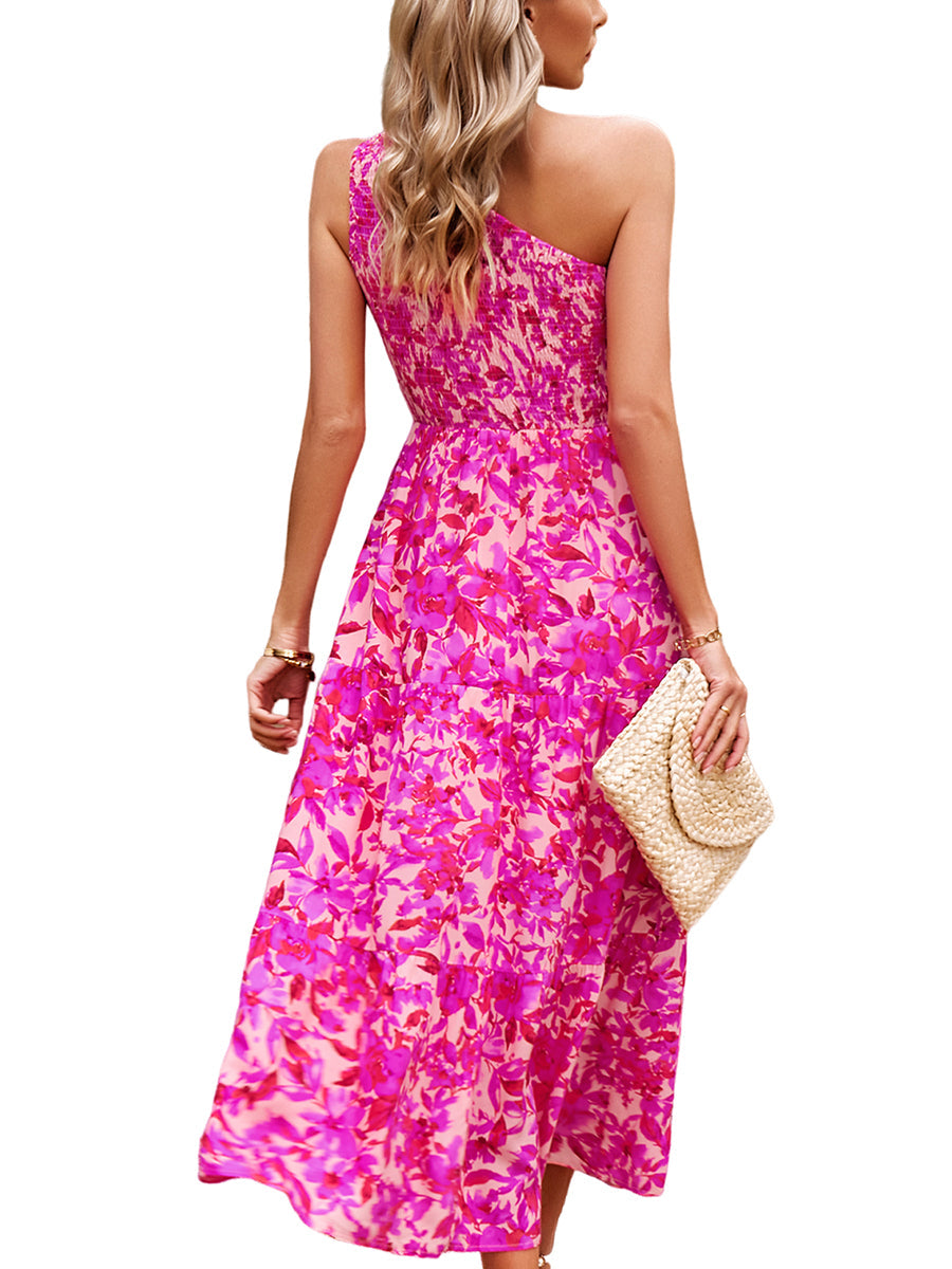 Elegant Slanted Shoulder Print Midi Dress