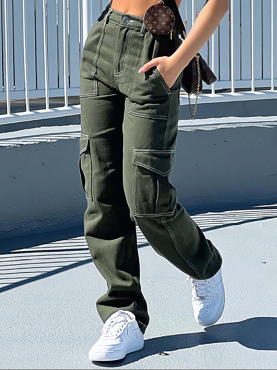 Fashion Low Waist Straight Multi Pocket Pants