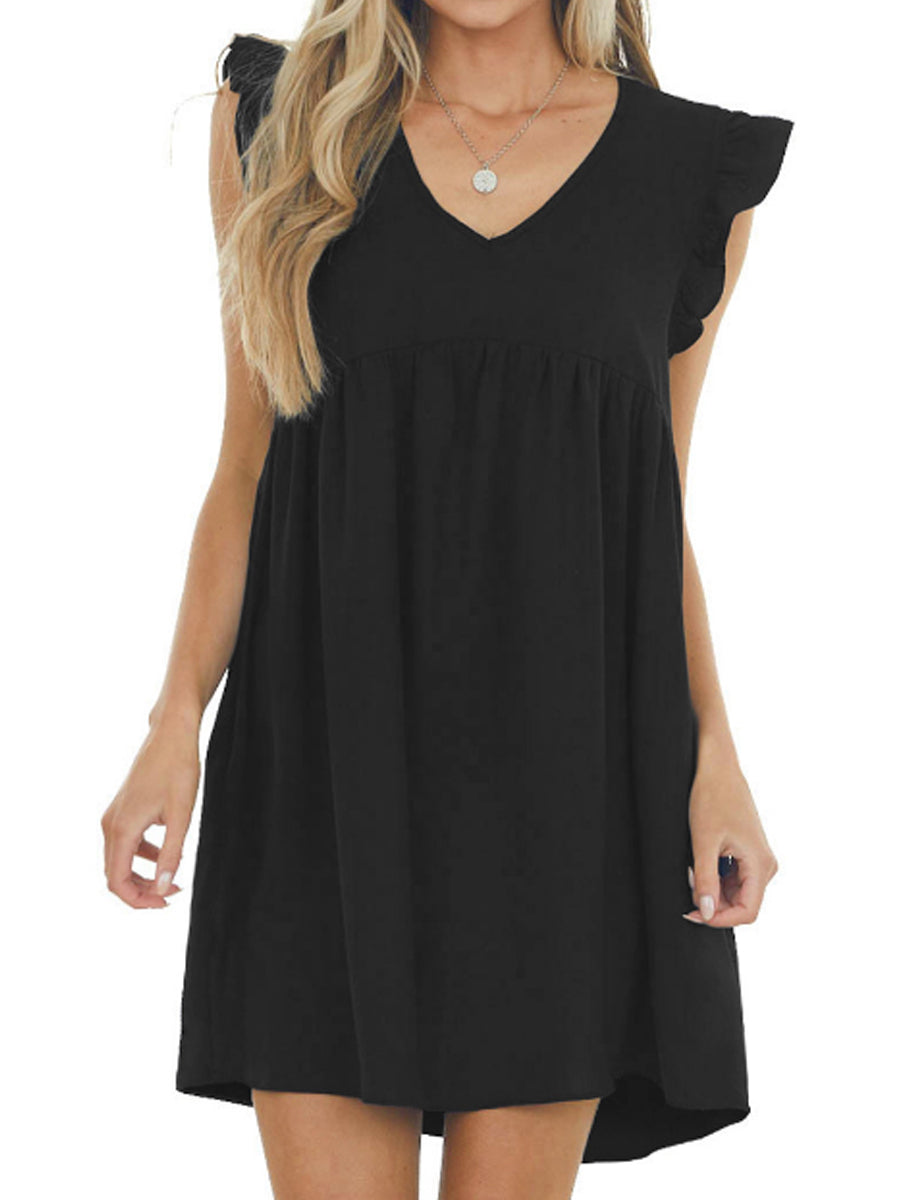 Babydoll Ruffle V Neck Crepe Mini Dress