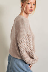 Parchment Cable Knit Sleeve Drop Shoulder Sweater