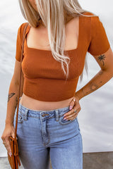 Orange Criss Cross Lace-up Ribbed Square Neck Crop Top