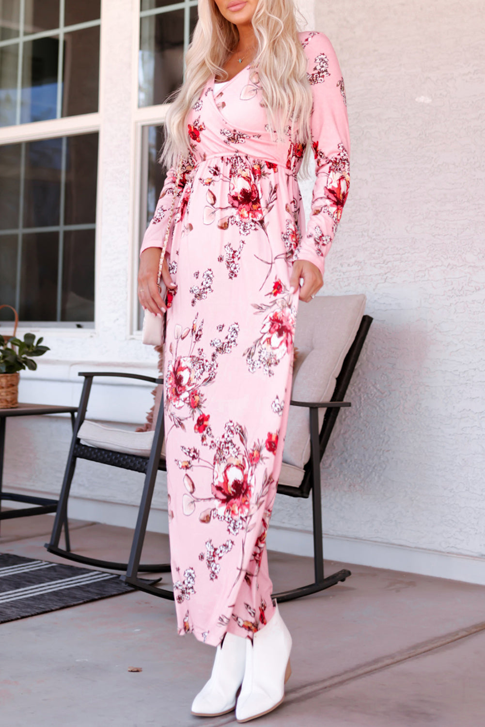 Pink  Wrapped V Neck Floral Long Sleeve Empire Maxi Dress