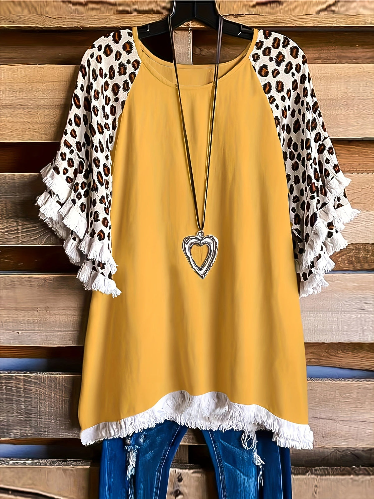 Plus Size Boho T-shirt, Women's Plus Colorblock Leopard Print Tassel Trim Round Neck Tee