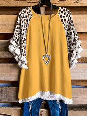 Plus Size Boho T-shirt, Women's Plus Colorblock Leopard Print Tassel Trim Round Neck Tee