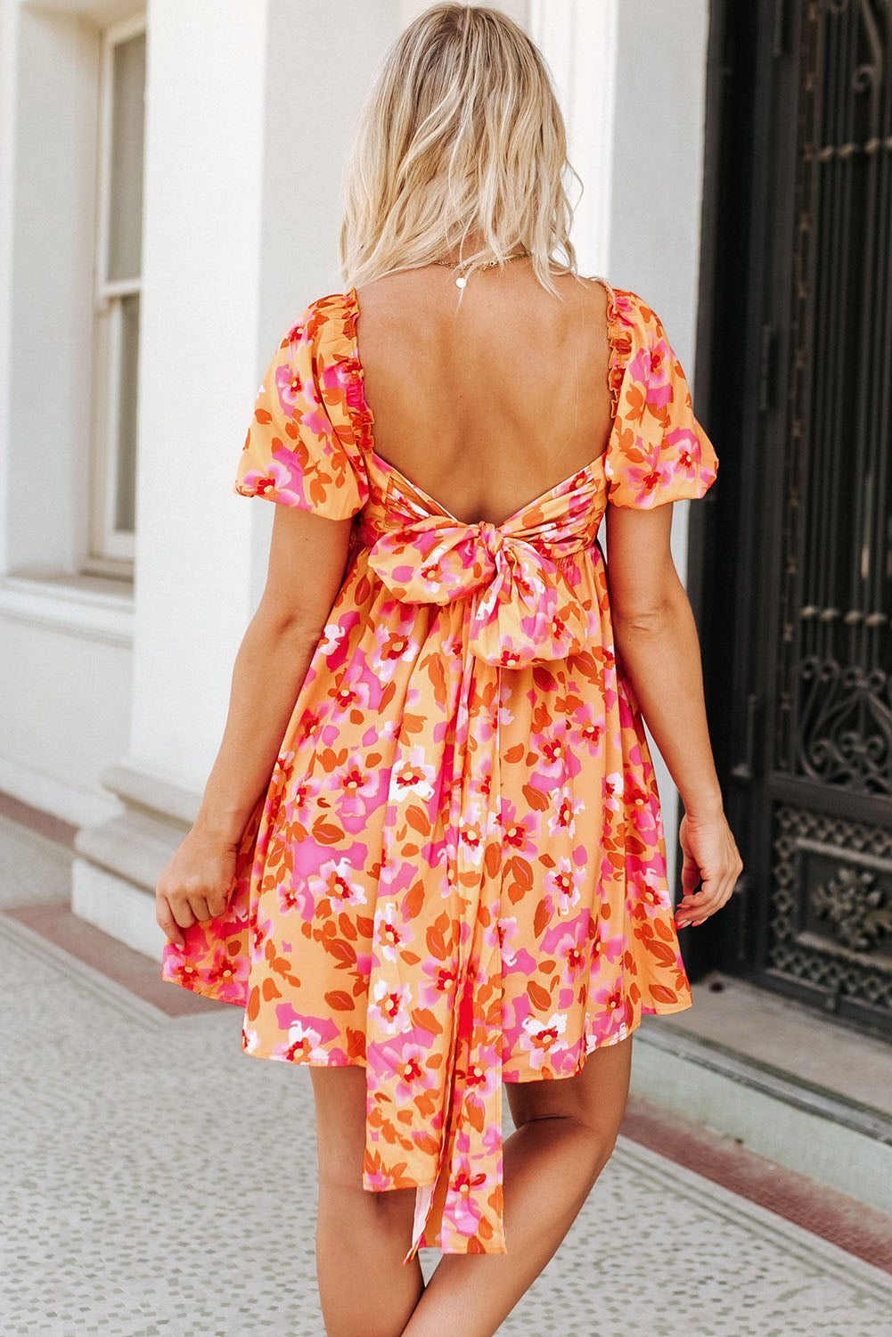 Orange Puff Sleeve Bow Knot Open Back Floral Mini Dress