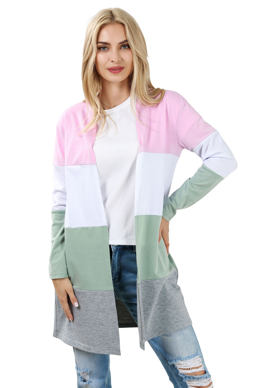 Rosa Strickjacke mit offener Vorderseite und Farbblockdesign in Übergröße