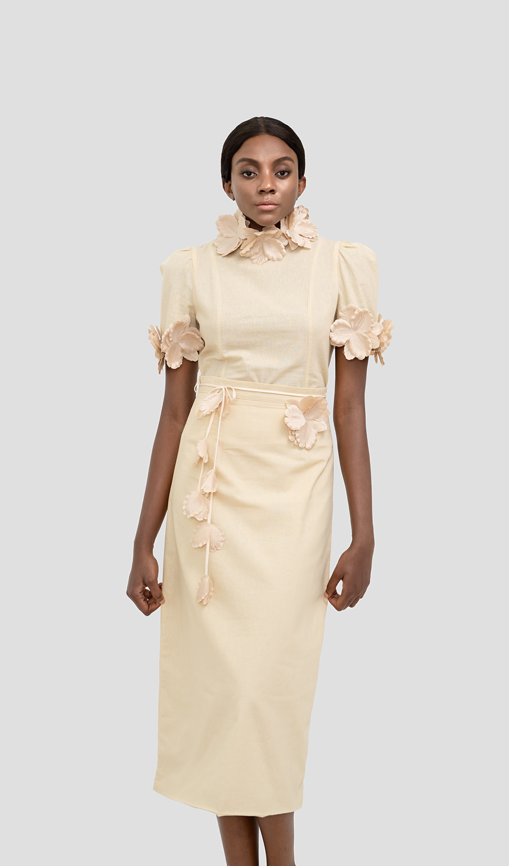 IRENE CREAM YELLOW FLOWER TWO PIECE SET MIDI DRESS