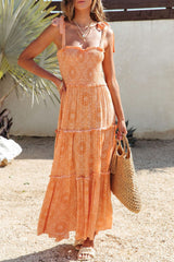 Orange Boho Floral Print Lace-up Straps Tiered Smocked Maxi Dress