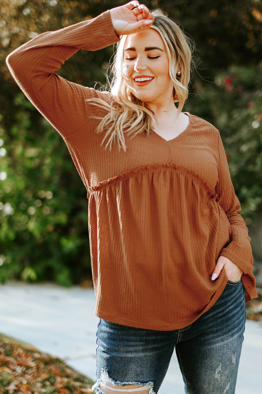 Orange Plus Size Ruffled Waffle Knit Top