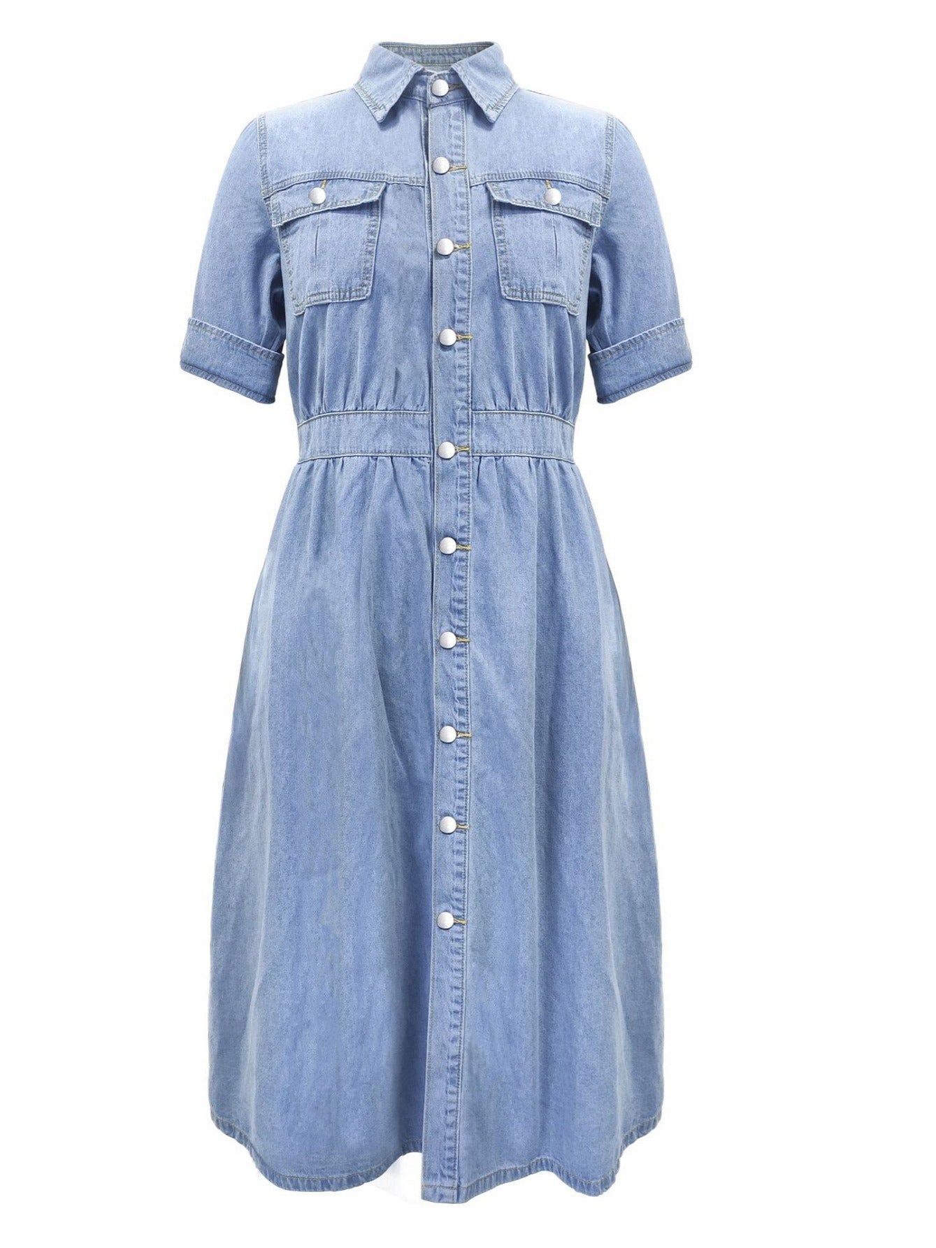 A-Line Flap Pockets Rolled Sleeve V-Neck Casual Lapel Denim Maxi Dresses