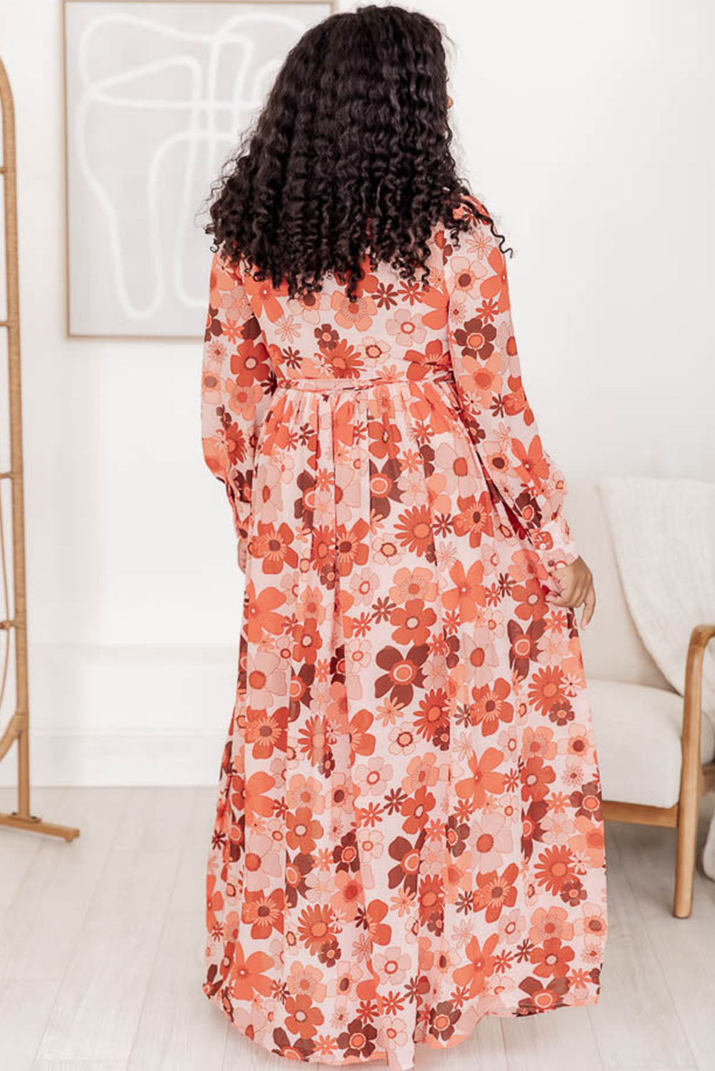 Orange Plus Size Floral Print V Neck Wrap Side Slit Maxi Dress