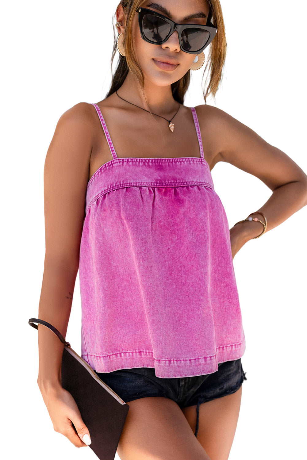 Gesmoktes Tanktop aus Denim in Mineralwaschung in Rosa