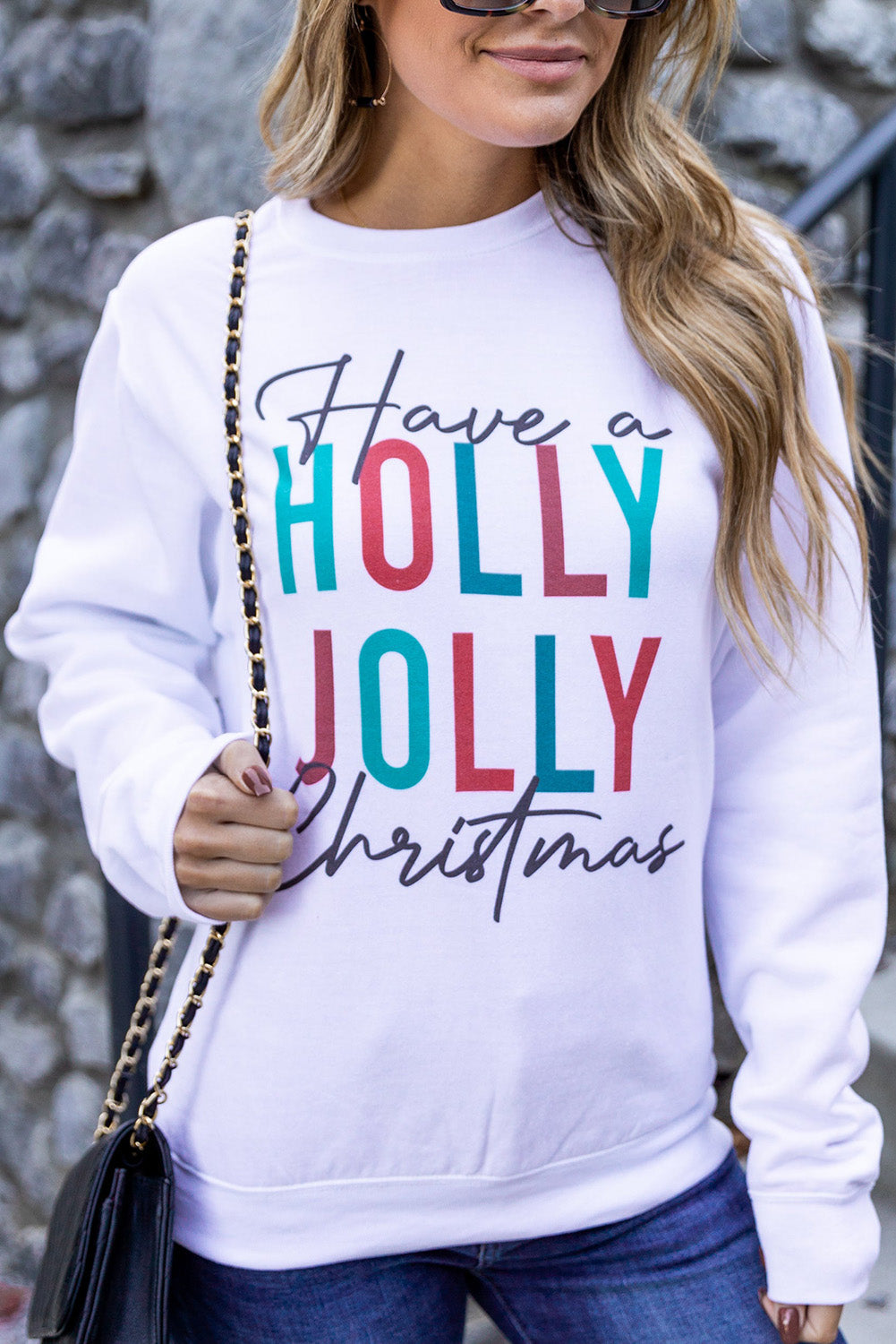 Pink Christmas Jolly Letter Print Pullover Sweatshirt