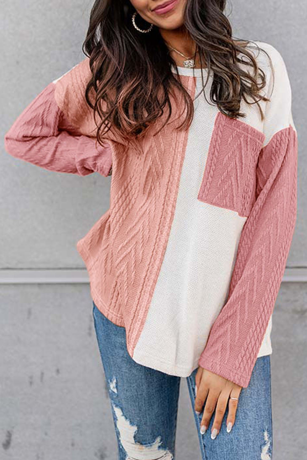 Moeak Blossom Long Sleeve Colorblock Chest Pocket Textured Knit Top