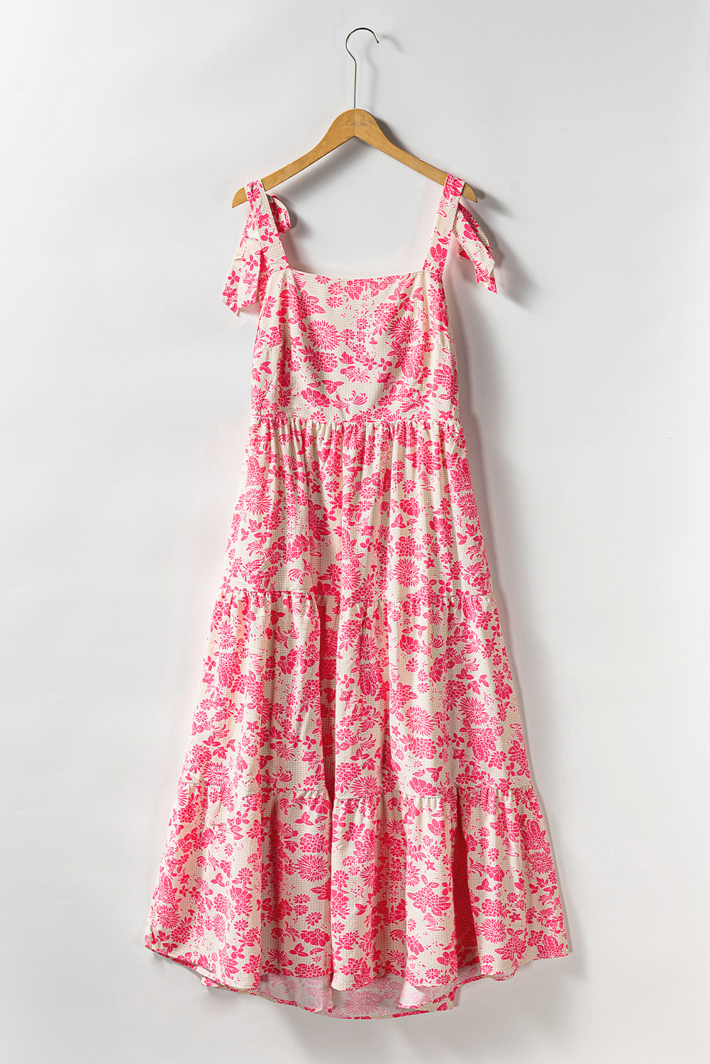 Vestido largo con lazo en los hombros y estampado floral de cuadros vichy rosas