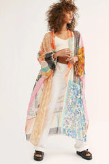 Orange Bohemian Patchwork Print Drawstring Puff Sleeve Kimono