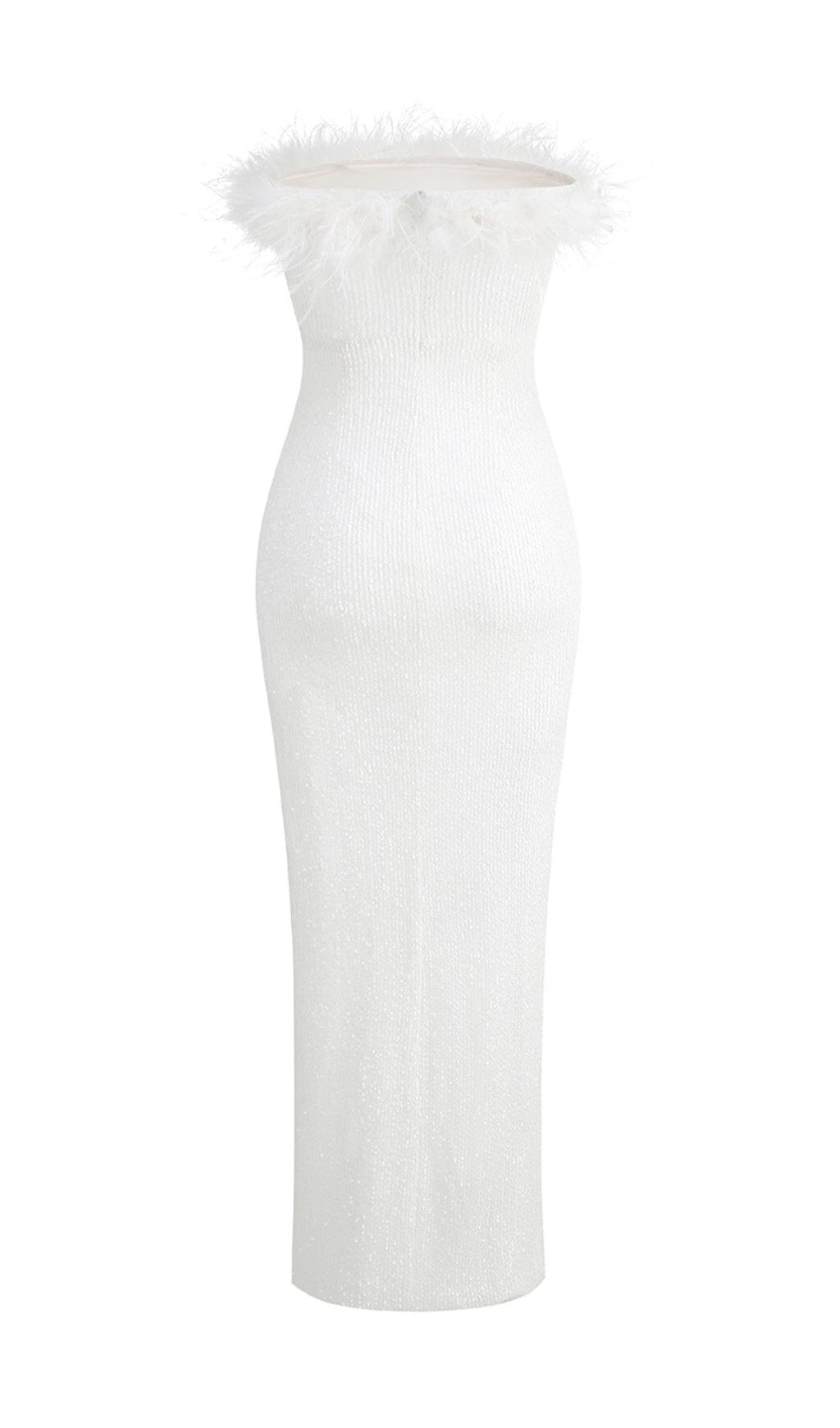 BANDEAU-MAXIKLEID MIT STRAUßENHAARDEKORATION IN WEISS