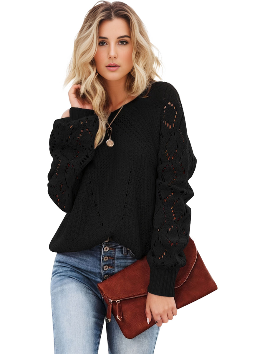 Plus Size Casual Sweater, Women's Plus Solid Eyelet Embroidered Lantern Sleeve Round Neck Slight Stretch Sweater