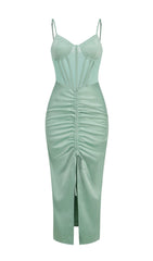 GREEN SATIN SWEETHEART NECK CORSET FRONT SPLIT MAXI DRESS