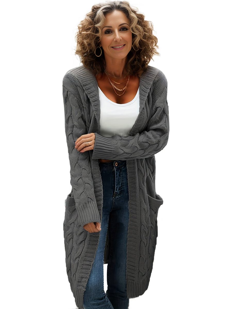 Plus Size Casual Cardigan, Women's Plus Cable Knit Long Sleeve Open Front Medium Stretch Hooded Sweater Cardigan With Pockets