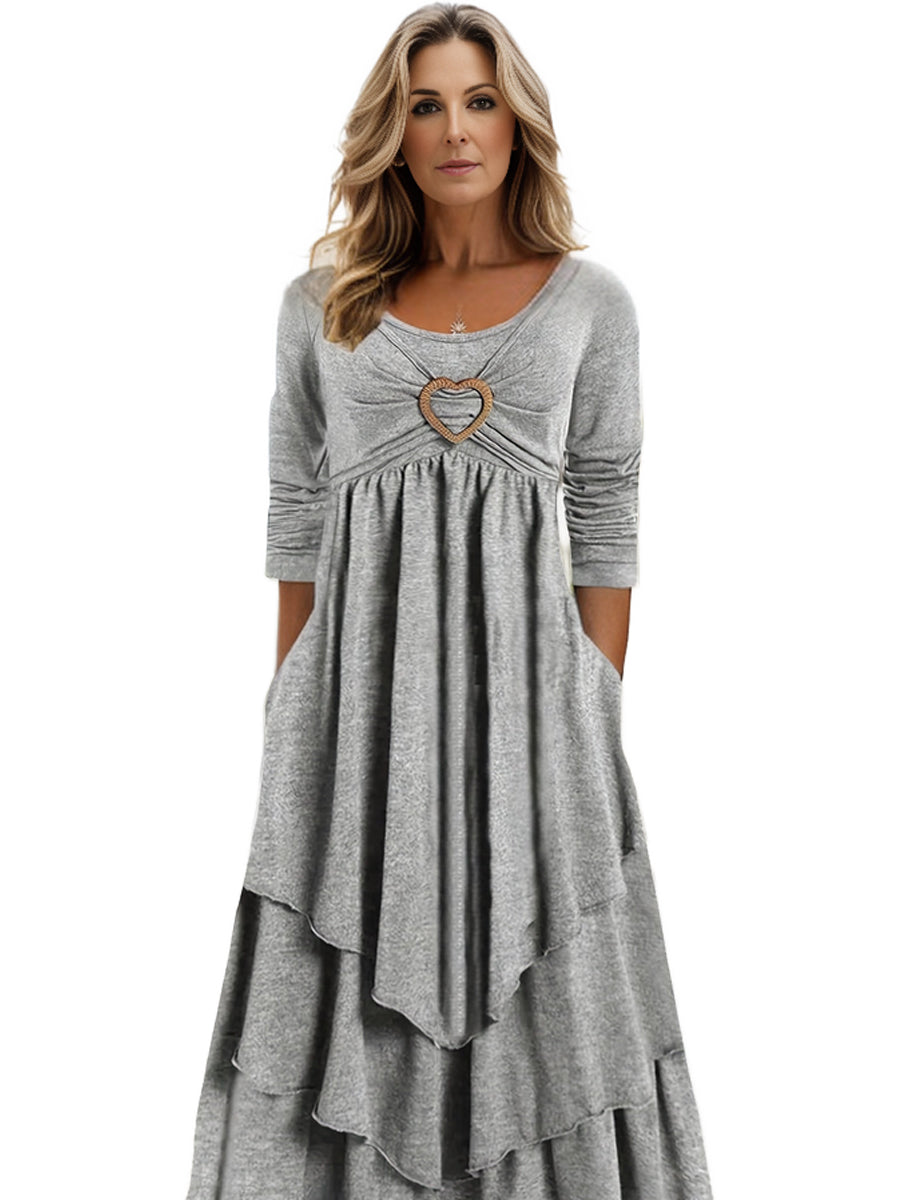 Plus Size Elegant Dress, Women's Plus Plain Long Sleeve Layered Heart Ring Decor Round Neck Maxi Dress