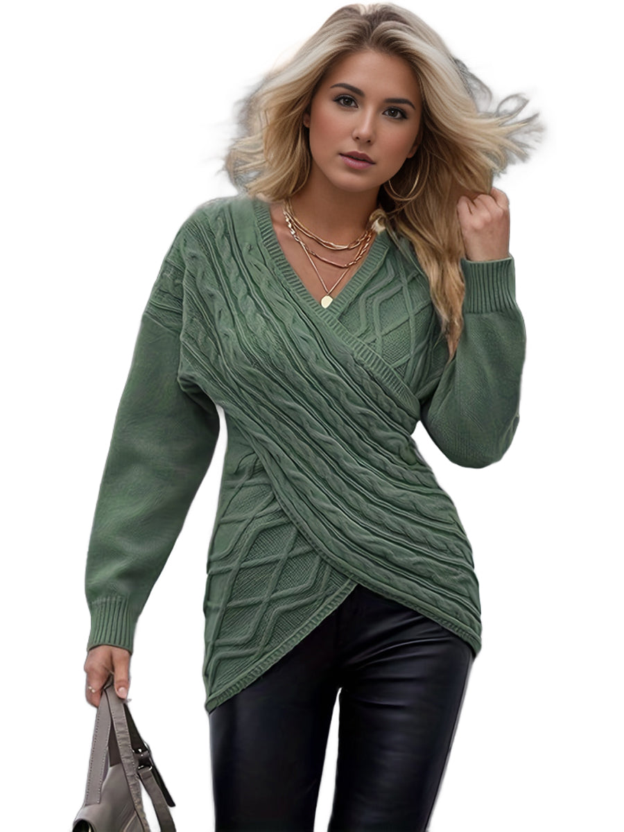 Plus Size Elegant Sweater, Women's Plus Solid Cable Drop Shoulder Long Sleeve Wrap Cross V Neck Jumper