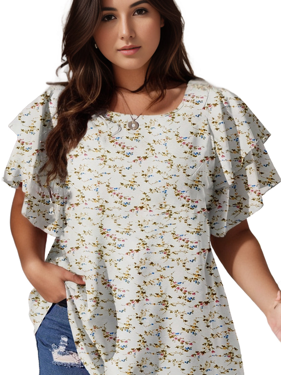 Plus Size Casual Blouse, Women's Plus Polka Dot Print Layered Sleeve Round Neck Oversized Blouse