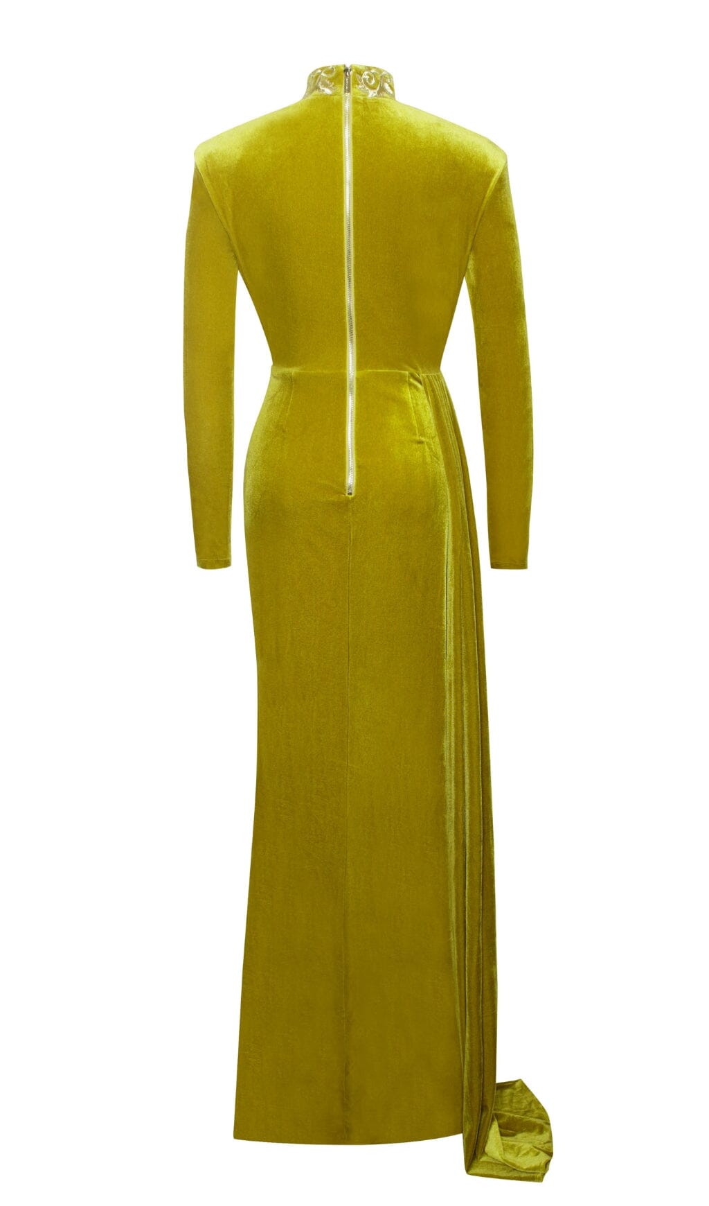 Vestido de terciopelo con abertura alta y corte dorado de Zenaida